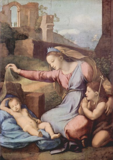 María y San Juan Bautista adorando al Niño Jesús dormiendo (Virgen con la corona)
