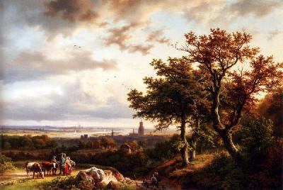 A Panoramic Rhenish Landscape With Peasants Conversing On A Track In The