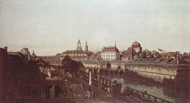  Ansicht von Dresden, Die Festungswerke in Dresden, Festungsgraben mit Brücke zwischen Wilschen Tor und Postmeilensäule
