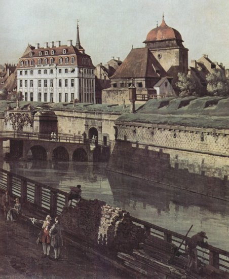  Ansicht von Dresden, Die Festungswerke in Dresden, Festungsgraben mit Brücke zwischen Wilschen Tor und Postmeilensäule, Detail
