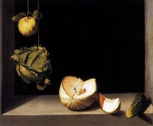 Bodegón con membrillo, repollo, melón y pepino. Hacia 1603. Juan Sánchez Cotán