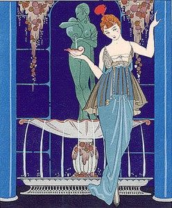 Ilustración realizada por George Barbier sobre un vestido de noche de Jeanne Paquin publicada en la Gazette du Bon Ton en 1914