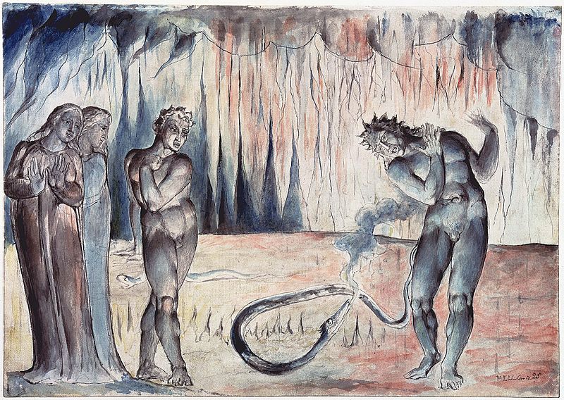 La serpiente ataca a Buoso Donati. Hacia 1824. William Blake