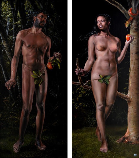 Dos obras de gran formato (90 x 210 cm.) que representan a Adán y Eva