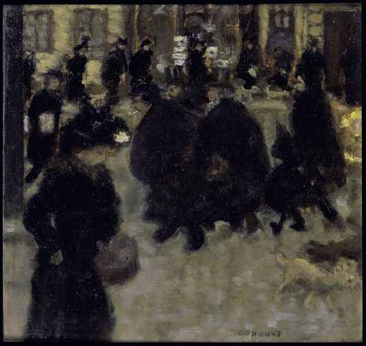 Pierre Bonnard Gente en la calle (Personnages dans la rue), ca. 1894 Óleo sobre papel fijado a tabla 24 x 25 cm. Colección particular.