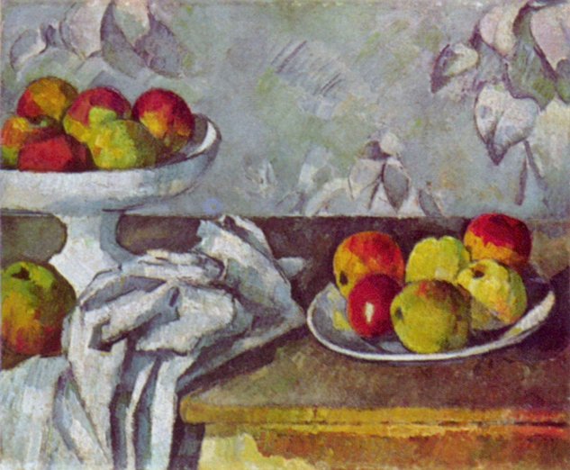 Bodegón con manzanas y frutero