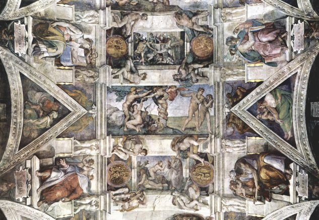 Bóveda de la Capilla Sixtina, fresco, historias del Génesis, detalle de la visión de conjunto con las escenas principales