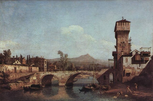  Capriccio Veneto, Fluß, Brücke und mittelalterliches Stadttor
