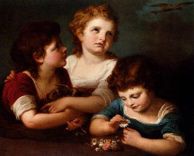 Children With A Birds Nest And Flowers