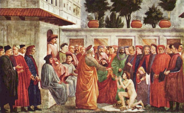 Ciclo de frescos en la Capilla de Brancacci en Santa Maria del Carmine en Florencia, escenas de la vida de Pedro, escena