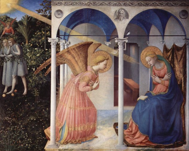 Declaración a María, retablo de altar con cinco tablas de predal de la vida de María, retablo principal, escena