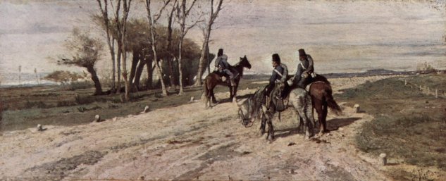  Drei Kavalleristen auf einer Strasse
