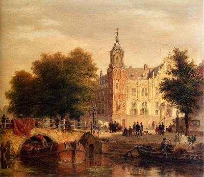 A Sunlit Townview With Figures Gathered On A Square Along A Canal