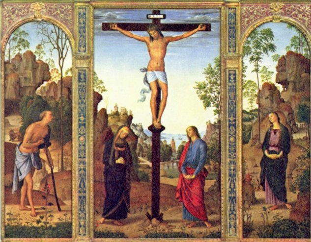  Galitzin-Triptychon, Gesamtansicht, Kreuzigung mit Maria und Hl. Johannes Evangelist, linker Flügel
