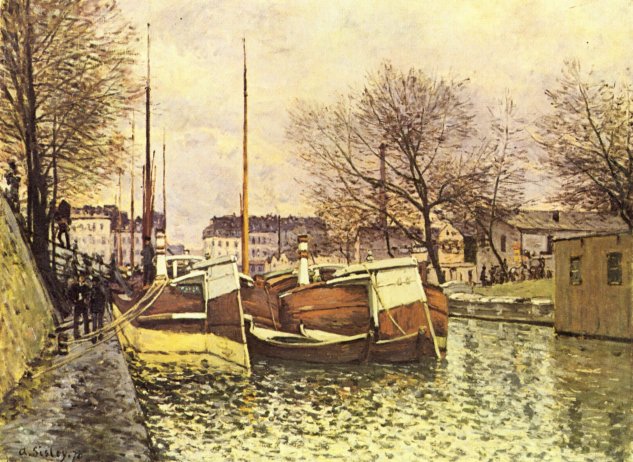  Kähne auf dem Kanal Saint-Martin in Paris
