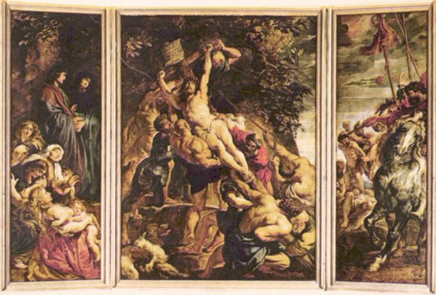  Kreuzaufrichtung, Triptychon, Gesamtansicht, Szene von links