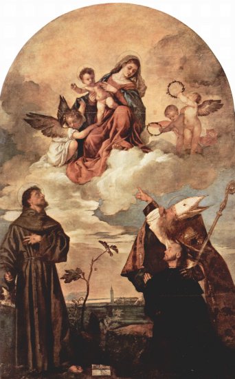 María en gloria, con el  Niño Jesús y los ángeles, San Francisco, San Alvisus y el fundador Luigi Gozzi de rodilla