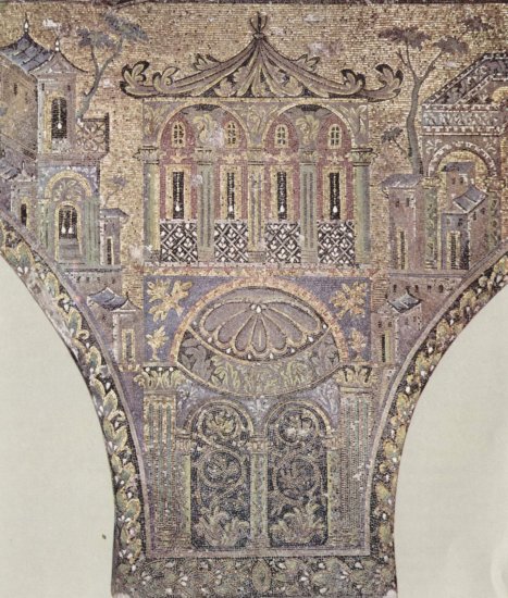  Mosaik der Innenseite des westlichen Säulenganges im Hof der Großen Moschee in Damaskus, Szene