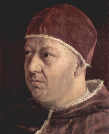 Retrato del Papa León X con los cardenales Giulio de' Medici y Luigi de' Rossi, detalle