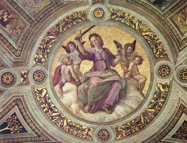 Stanza della Segnatura en el Vaticano para Julio II, fresco de bóveda, detalle, escena