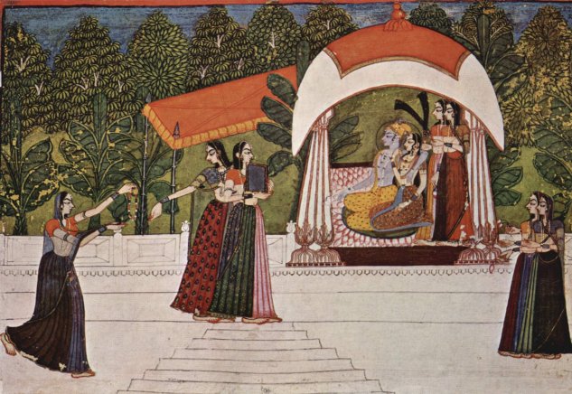  Krishna und Râdhâ in einem Pavillion
