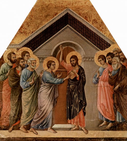  Maestà, Altarretabel des Sieneser Doms, Rückseite, Altarbekrönung mit Pfingstzyklus, Szene