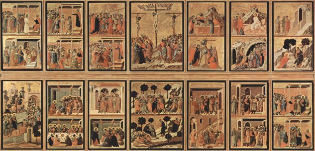  Maestà, Altarretabel des Sieneser Doms, Rückseite, Hauptregister mit Szenen zu Christi Passion, Gesamtansicht
