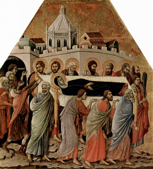 Maestà, Altarretabel des Sieneser Doms, Vorderseite, Altarbekrönung mit Szenen zum Marientod, Szene