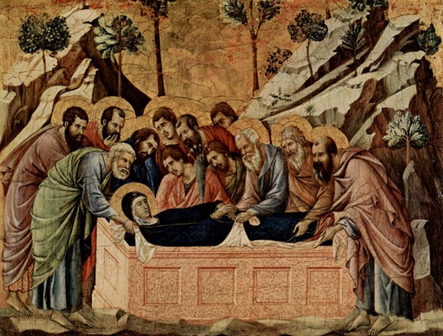  Maestà, Altarretabel des Sieneser Doms, Vorderseite, Altarbekrönung mit Szenen zum Marientod, Szene
