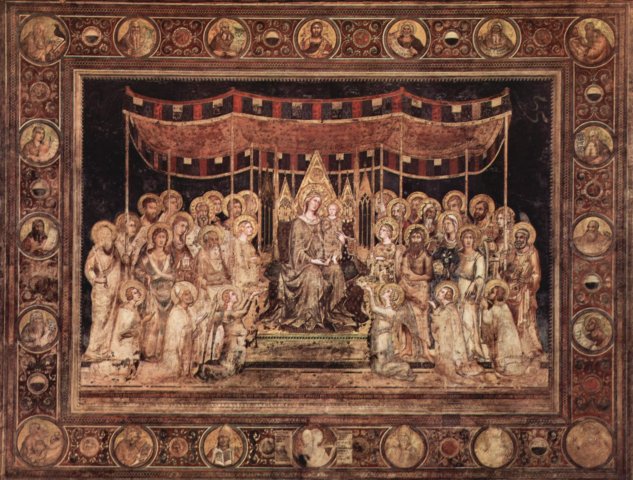  Maestà, Thronende Madonna als Stadtpatronin, umgeben von Heiligen, Fresko im Palazzo Pubblico in Siena
