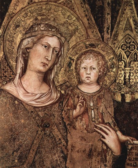  Maestà, Thronende Madonna als Stadtpatronin, umgeben von Heiligen, Fresko im Palazzo Pubblico in Siena, Detail