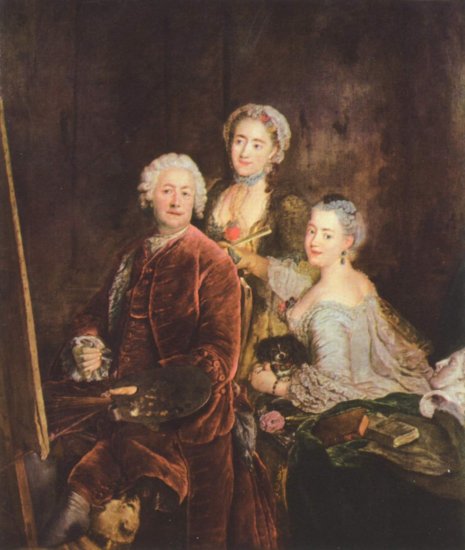  Porträt des Malers mit seinen zwei Töchtern vor der Stafelei
