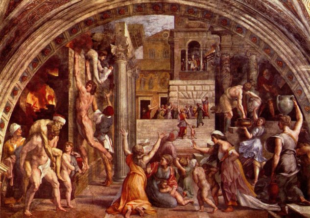  Stanza dell 'Incendio di Borgo im Vatikan für Papst Julius II. Wandfresko, Szene