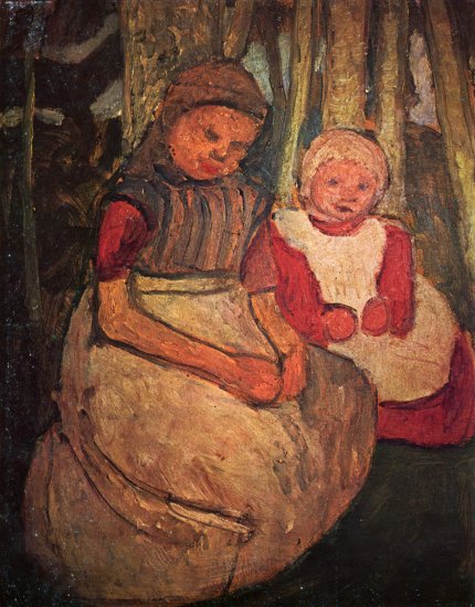  Zwei sitzende Mädchen im Birkenwald
